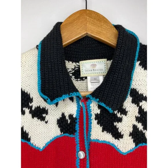 Vintage Susan Bristol Hand Knit Western Vest Red Cow Print Cowboy Womens Medium - Picture 5 of 9
